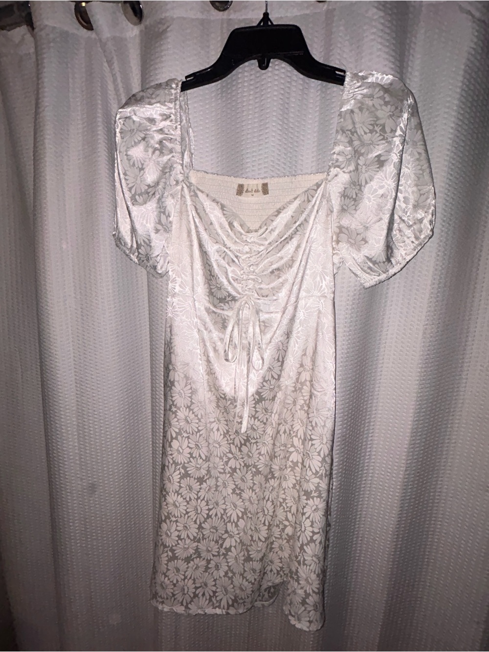 Altar'd State Cream Floral Satin Lace-Up Puff Sleeve Chemise